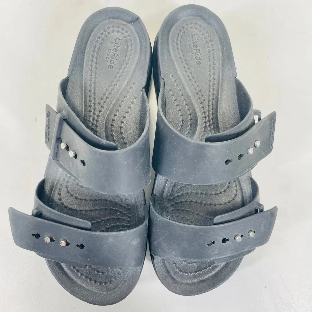 Crocs LiteRide Black Platform Sandals Women 6 Studded Double Strap Slide 207431